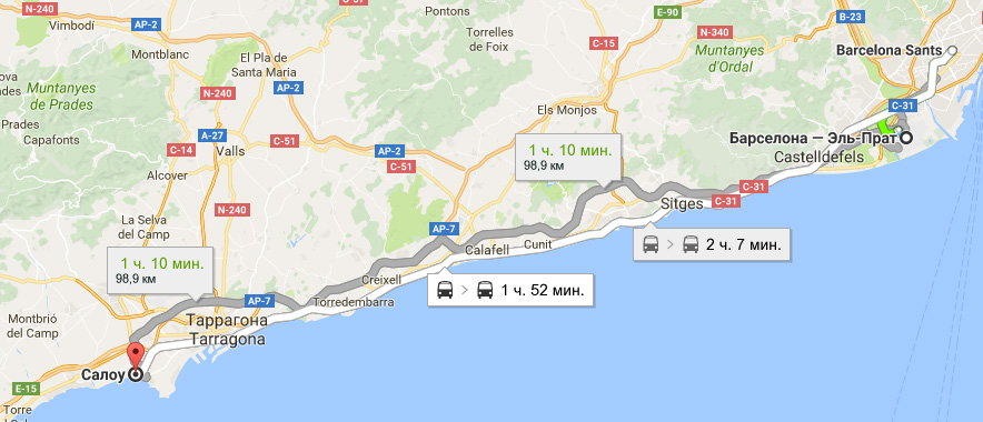 Карта маршрута из Барселоны в Салоу на машине
