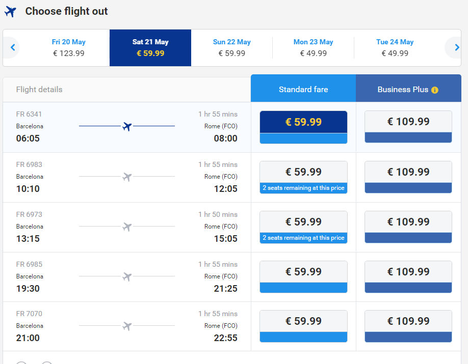 Выбор рейса на сайте Ryanair