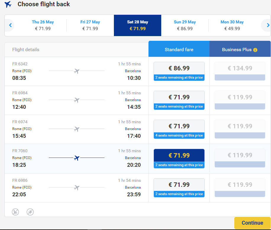 Выбор обратного рейса на сайте Ryanair