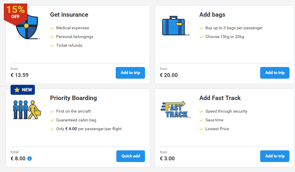 Дополнительные услуги при покупке билета Ryanair
