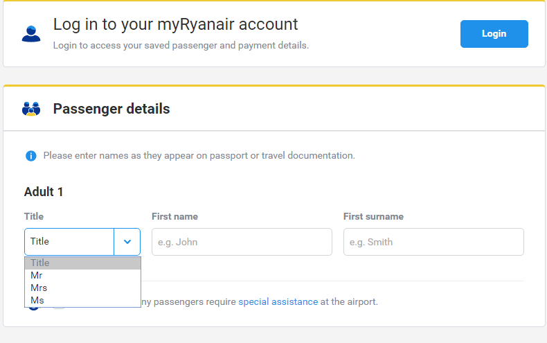 Данные о пассажирах при покупке билета Ryanair