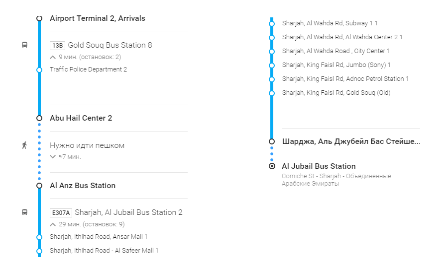 Схема маршрута автобуса Е307А от Т2 в Дубай