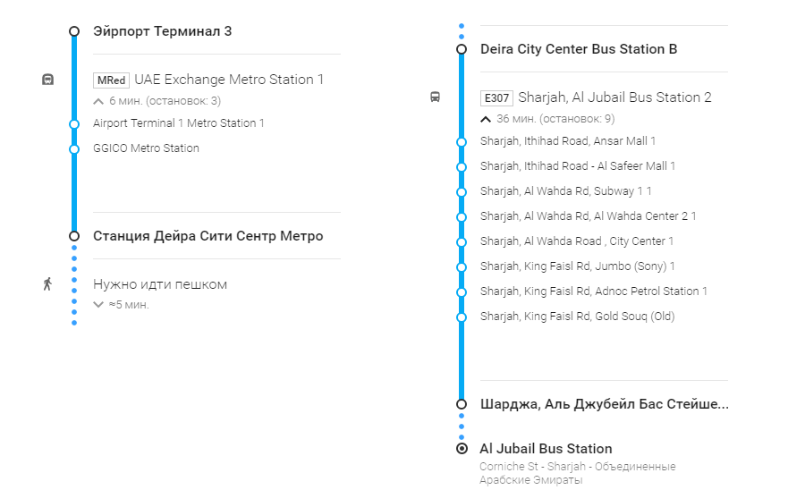 Схема маршрута автобуса Е307 из Дубая в Шарджу