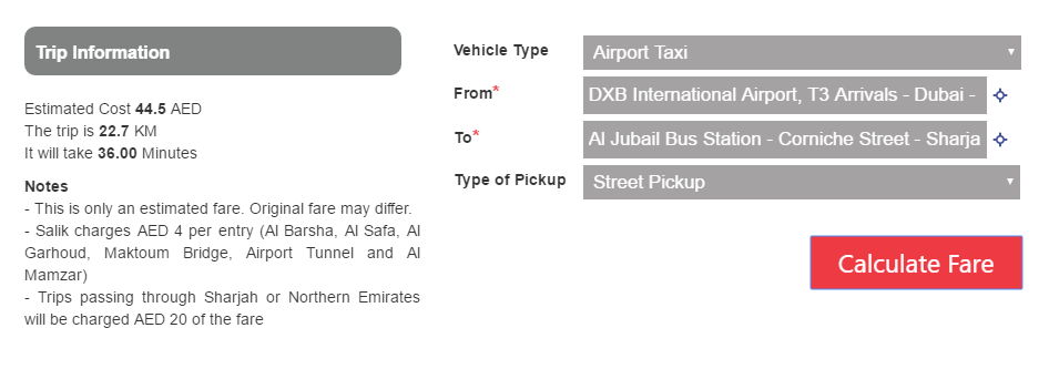 Расчет стоимости поездки в Дубаях на такси
