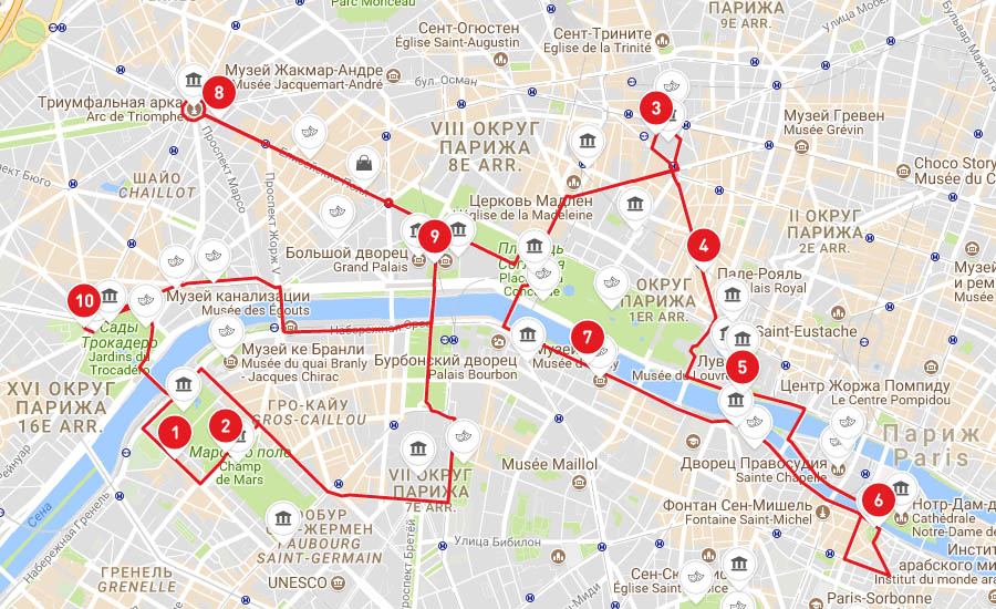 Карта красного маршрута Big Bus в Париже